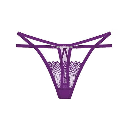 Underwear for Women Plus Size Women Lace Underwear Panties Floral Lace Briefs Hollow out Strappy Thong Panty G-String Underwear Women Underwear Pack Purple One Size