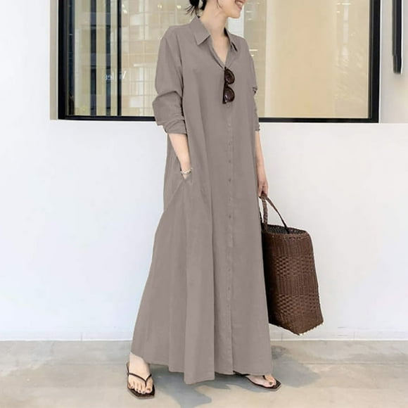 Black of Friday Deals 2023 Levmjia Fall Winter Dresses For Women 2023 Women's Cotton Linen Turndown Collar Long Sleeve Pocket Loose Long Shirt Dress