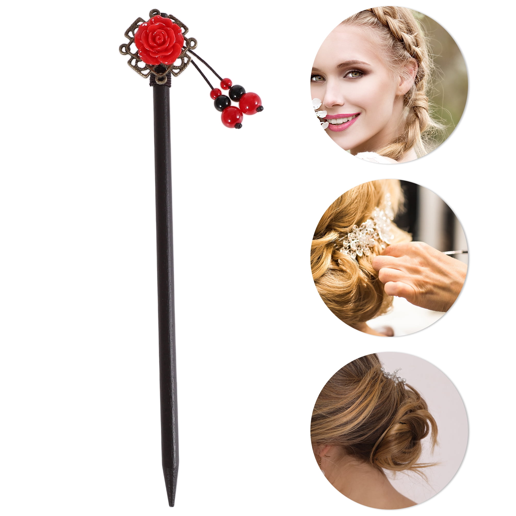 Unique Bargains Hair Chopstick for Women Black Red 1 Pc [Flower Tassel]
