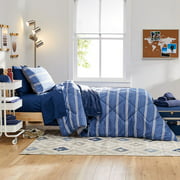 OCM College Dorm Room Designer Bundle in Nautica Keller | Blue and Grey Stripes | Twin XL | Comforter, Sham, Sheets, Blanket and More