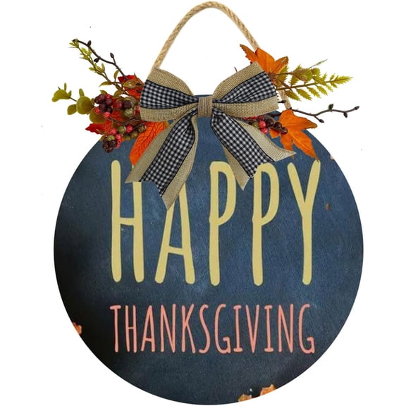 Eveokoki 12" Happy Thanksgiving Wood Hanging Sign Plaque Wooden Front Door Hanger Rustic Outdoor Wall Art for Porch Decoration Home Antique Wood Round Hello Door Sign