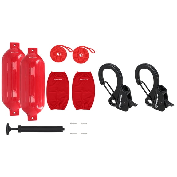 Rockville FEN210-RED Bundle: 2 10 in x 30 in Boat Fenders, 2 Covers, 2 Fender Lines, Hand Pump, 2 RQA-2 Quick Release Fender Clips, 11-Items
