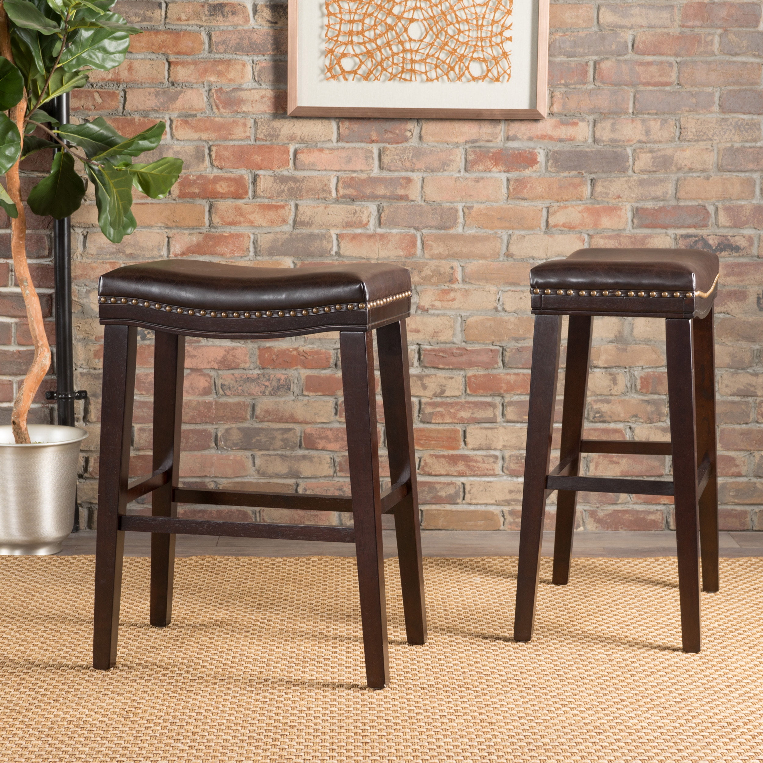 Noble House Petra Brown Leather Saddle Stool (Set of 2)