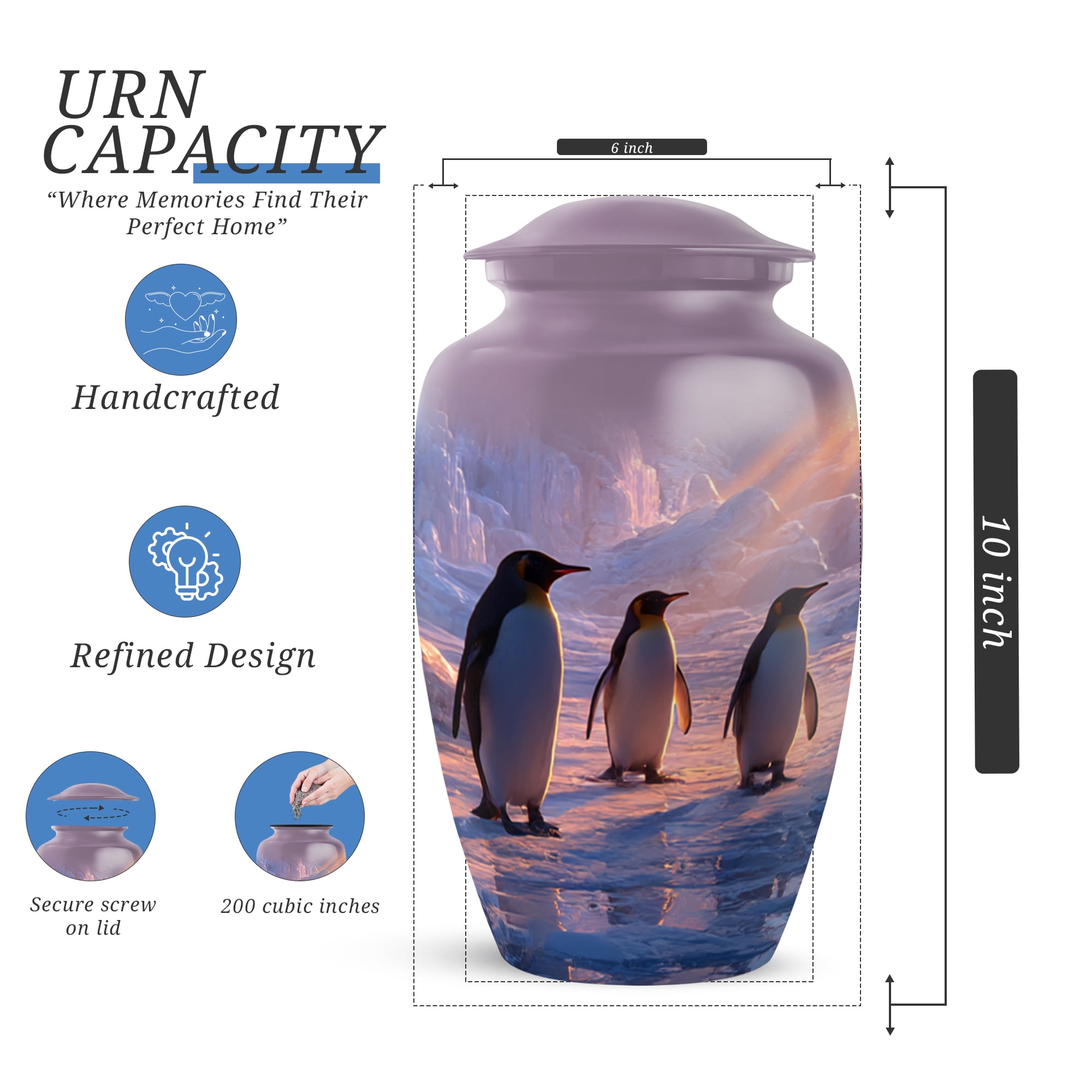 Penguins Large Decorative Urns For Men, Blue Urns For Men Ashes Adult Male, Memorial Cremation Urn For Human Ashes Adult Female, Funeral Urn For Mom And Dad, 10 Inch