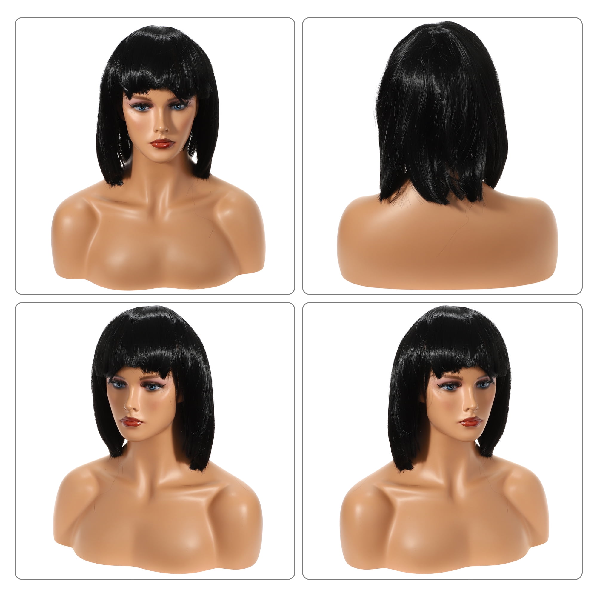 Unique Bargains Human Hair Wigs for Women 12" Black Bob Wig with Wig Cap