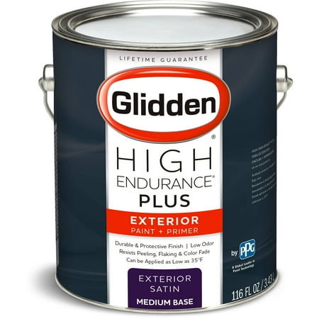 Glidden High Endurance Plus, Exterior Paint and Primer, Satin Finish, Medium Base, 1 Gallon