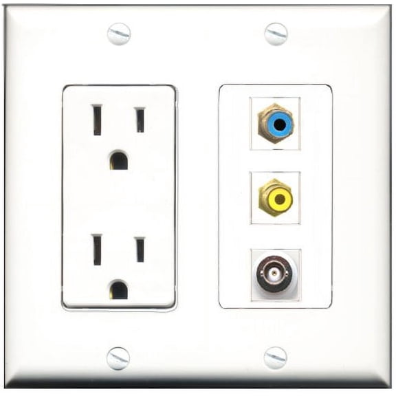 RiteAV - 15 Amp Power Outlet 1 Port RCA Yellow 1 Port RCA Blue 1 Port BNC Decorative Wall Plate