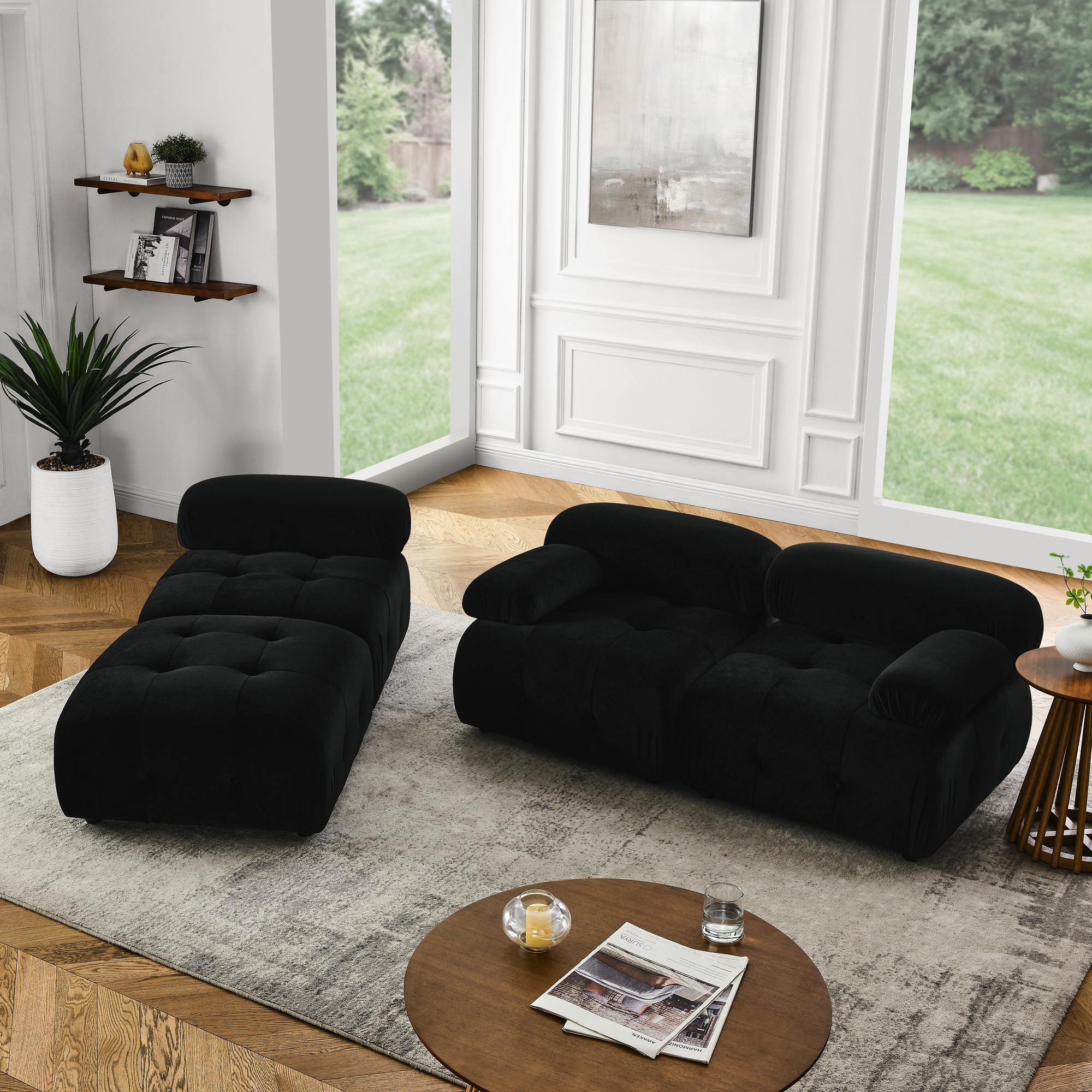 Aukfa 93" Sectional Sofa, Button Tufted Modular Chaise Couch for Living Room, Velvet, Black
