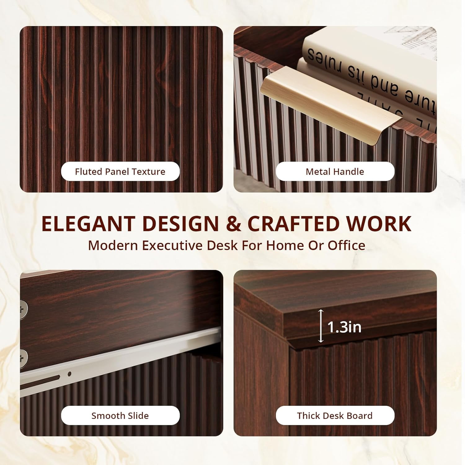 SELOOYE 58" Fluted Modern Desk with Storage, Home Office Desk with 1 File Cabinet & 5 Drawers, Wood Executive Computer Writing Desk for Study, Living Room, Bedroom(Walnut)