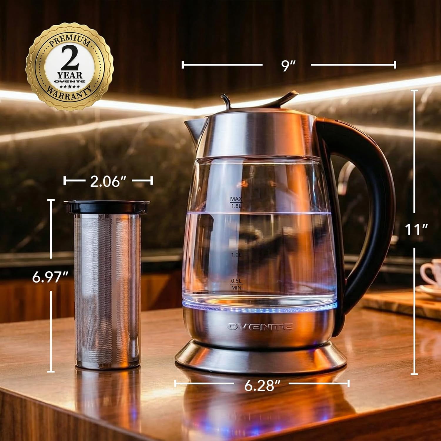 OVENTE Electric Glass Kettle Hot Water Boiler 1.8 Liter BPA Free 1500W, Set Temperature Control, Auto Shut Off, Portable Tea Kettle & Instant Water Heater + Stainless Steel Infuser - KG6610S