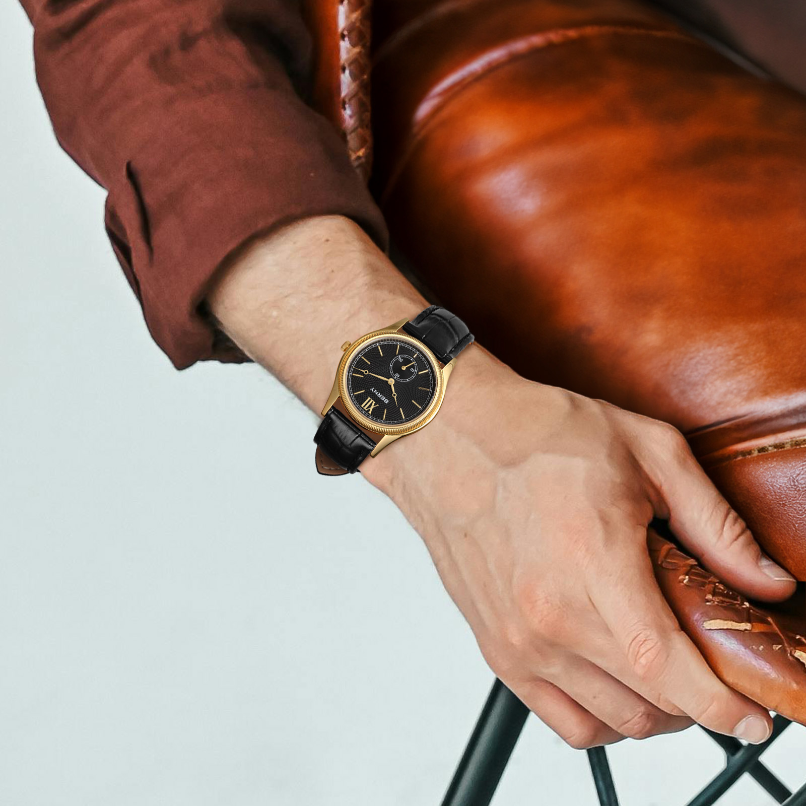 BERNY Watches for Men, Ultra-Thin Minimalist Leather Watch, Stainless Steel Case, Waterproof Analog Quartz Watch, Business Dress Watches with Small Seconds (Black)