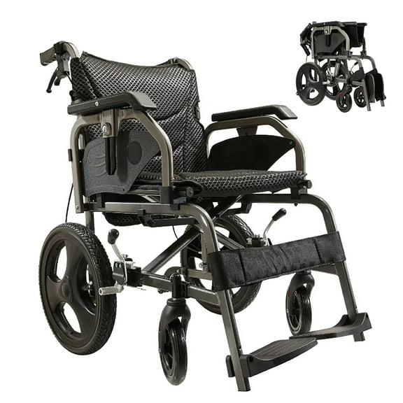 Lightweight Foldable Wheelchair, Transport Wheelchair with 18" Seat, Adult wheelchair with double hand brakes