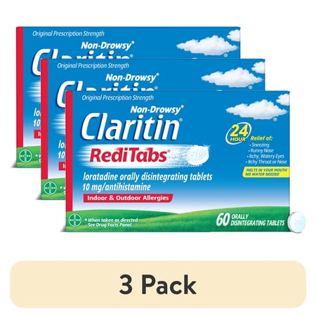 (3 pack) Claritin RediTabs 24 Hour Non-Drowsy Allergy Medicine, Loratadine Antihistamine Tablets, 60 Ct