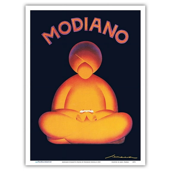 Modiano Cigarette Papers - Pasha Figure Meditating - Vintage Advertising Poster by Federico Seneca c.1929 - Master Art Print (Unframed) 9in x 12in