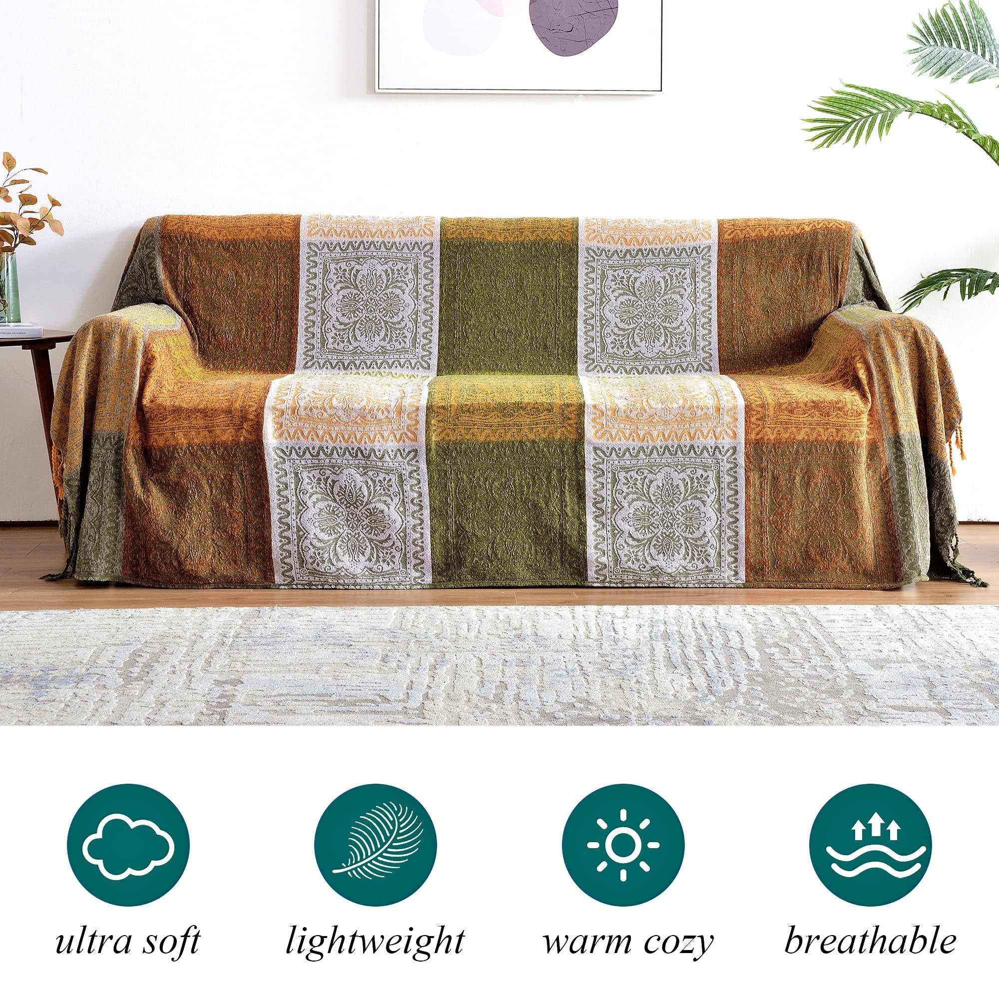 Boho Throw Blanket, Bohemian Tassels Throw Blankets for Bed Couch Soft Chair， Chenille Fringe Tassels ( Green, Large 86*102Inches)