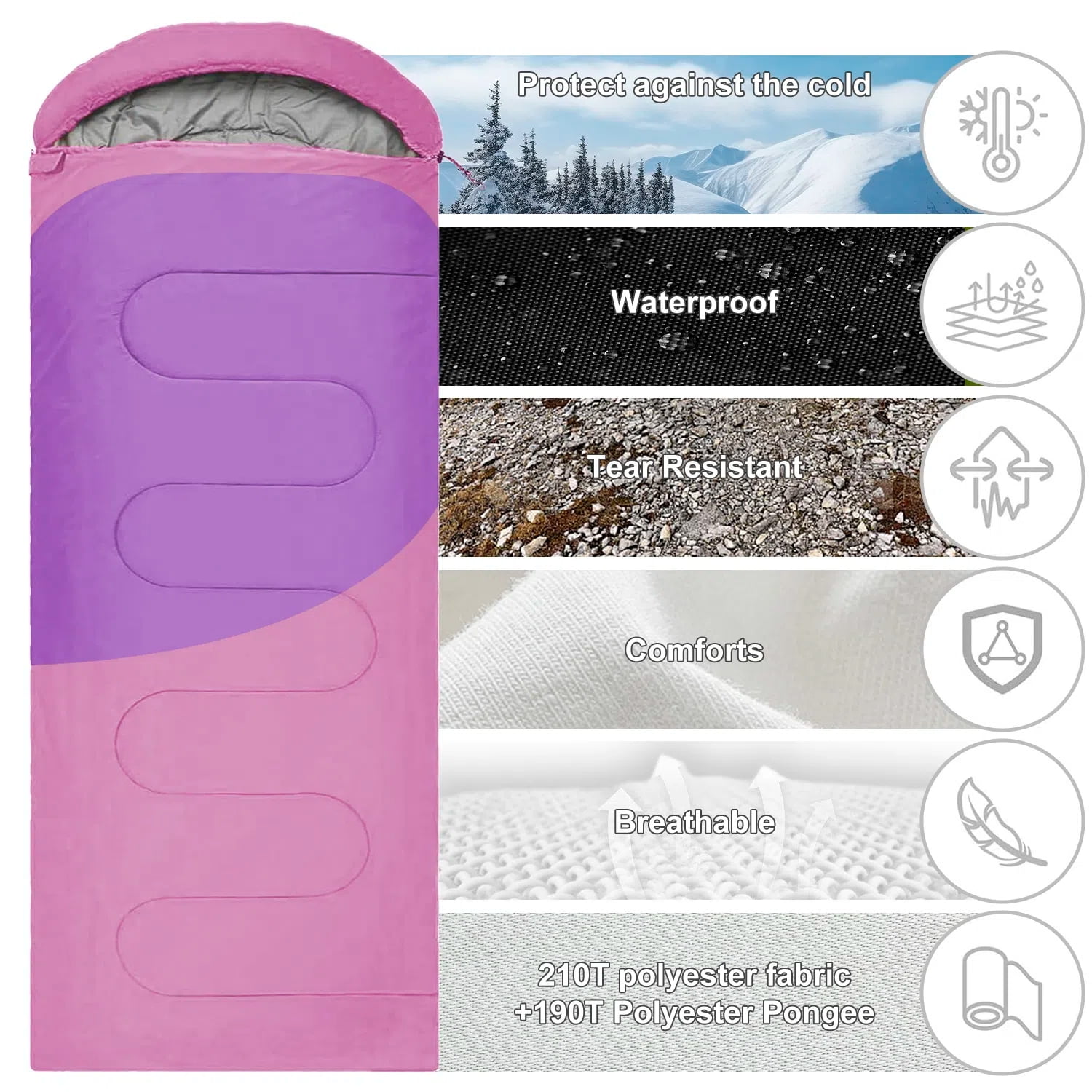 Teblint Camping Sleeping Bag for Adults Kids, Cold Weather Warm Sleeping Bag with Compression Bag for 3 Seasons, Compact Camping Essentials Gear Accessories Hiking Sleep Must Haves-Pink