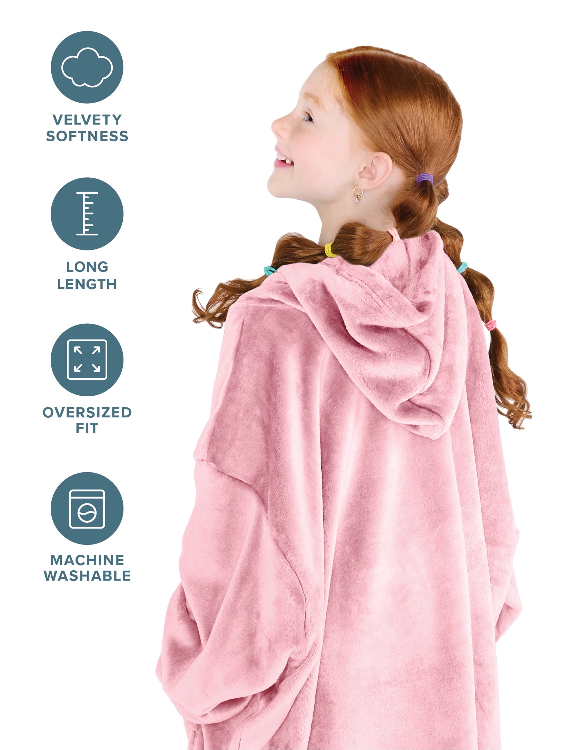 Bare Homey Kids Size Microplush Wearable Blanket, Split Front Pocket, Light Pink
