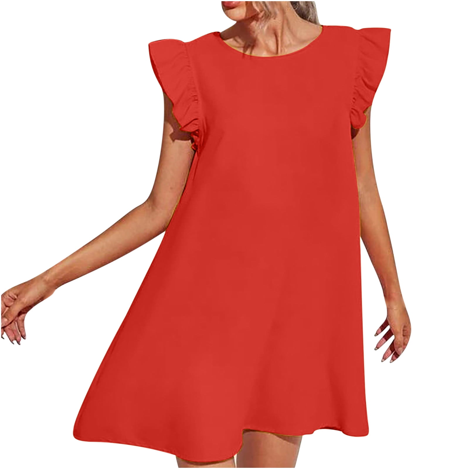 HTNBO Summer Short Ruffle Sleeve Dresses for Women 2023 Plus Size Crew