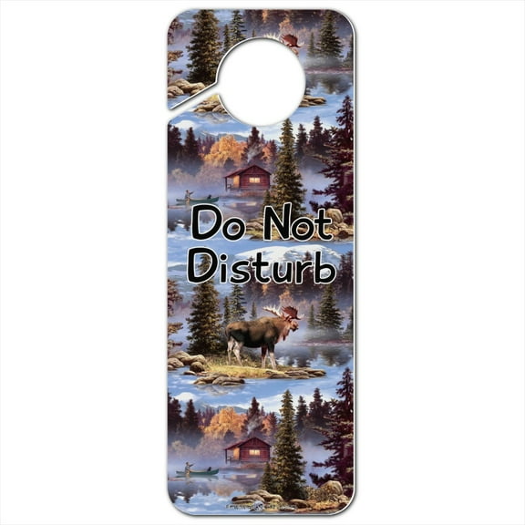 Moose Cabin Forest Woods Canoe Pattern Plastic Door Knob Hanger Sign
