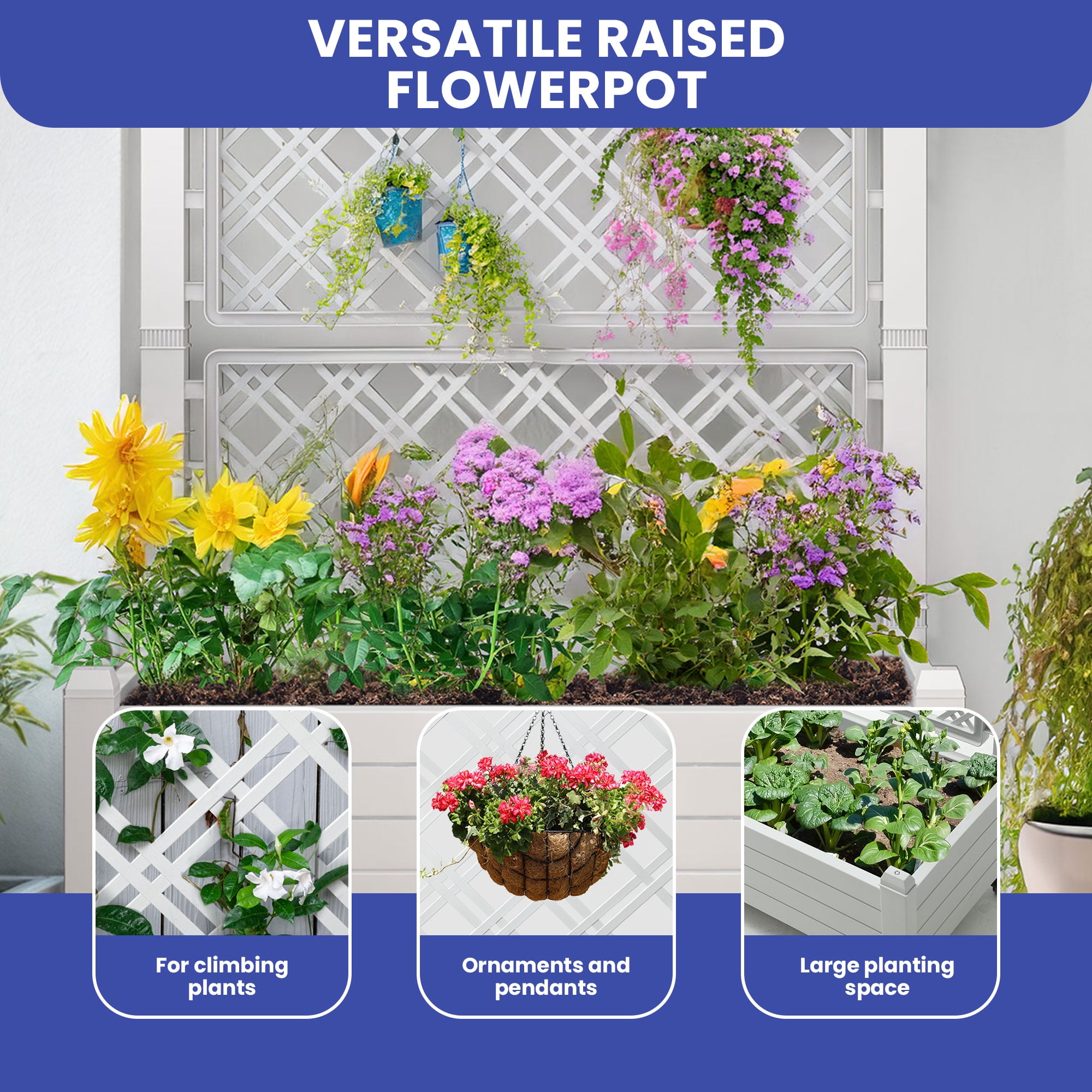 Uforic Large Planter Box Trellis, Outdoor Raised Garden Bed with Drain Plug and Lockable Wheels,for Climbing Plants, 3.6x1.5x5 FT-White