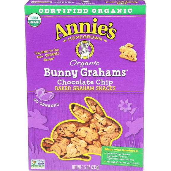 Annie's Homegrown Bunny Grahams Baked Snacks Chocolate Chip 7.5 oz Pack of 4