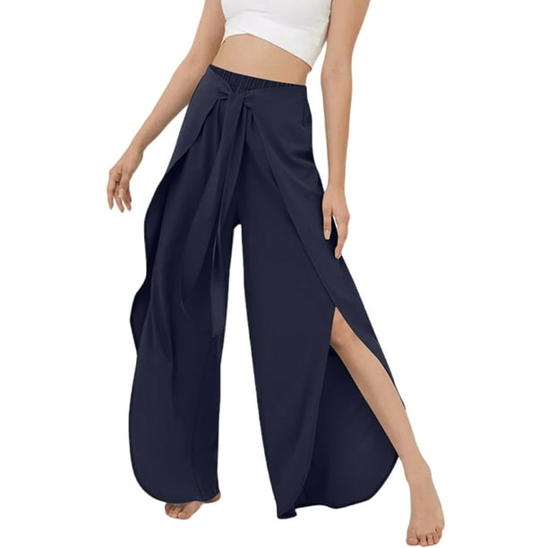 MAWCLOS Women Bottoms Wide Leg Pants Mid Waisted Palazzo Pant Casual Beach  Solid Color Trousers Navy Green M 