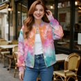 thumbnail image 2 of Xixirimido Women Bomber Jacket with Pockets Stand Collar Cropped Coat Lightweight Zip Up Jacket Streetwear for Fall Winter, Colorful Tie-dye Stars, 3X-Large, 2 of 7