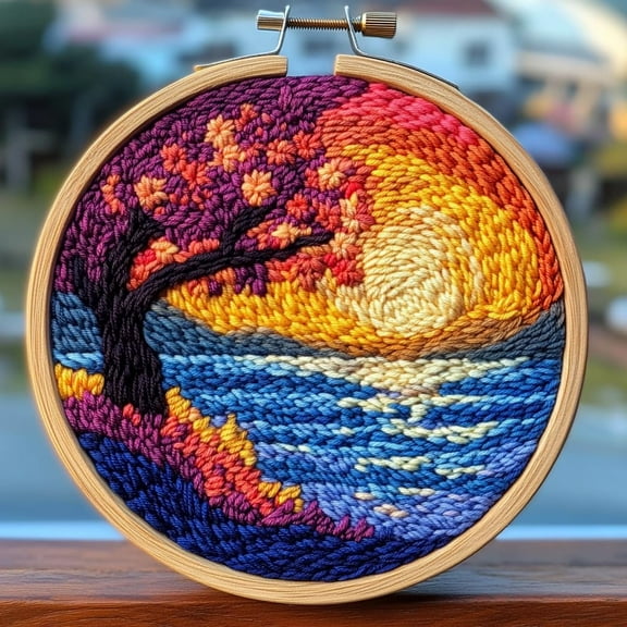 DIY Punch Needle Kits for Beginners Seaside Sunset and Tree Scenery with Hoop Punch Needle Starter Craft Embroidery Set Easy for Adults and Children Festival Gift and Decoration 20x20cm-2
