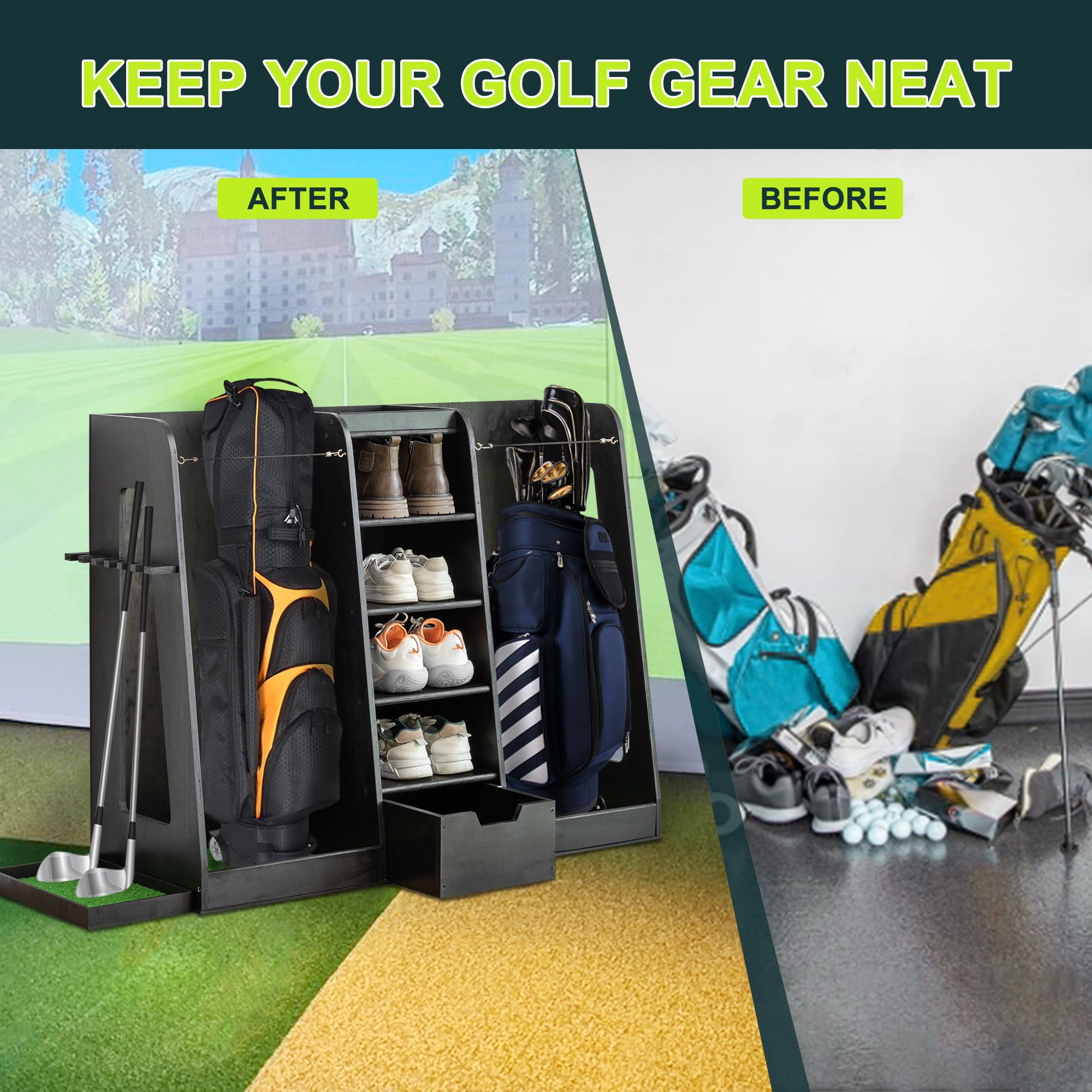 Wooden Golf Storage Rack Golf Bag Organizer with Drawers can hold 2 golf bags, 12 clubs, 4-5 pairs of golf shoes, over 50 golf balls, Versatile for Golf and Sports Equipment