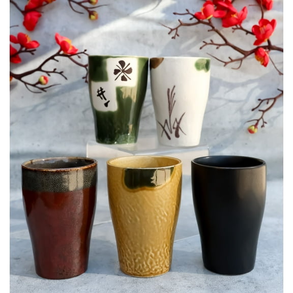Ebros Abstract Art Glazed Ceramic 8oz Coffee Tea Cup Set of 5 Made In Japan
