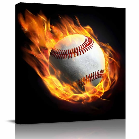 Framed Canvas Wall Art for Living Room Flame Baseball Wall Decor, Sports Black Aesthetic Paintings for Bedroom Office Kitchen Bathroom, Ready to Hang Artwork Wall Pictures 8x8 Inch