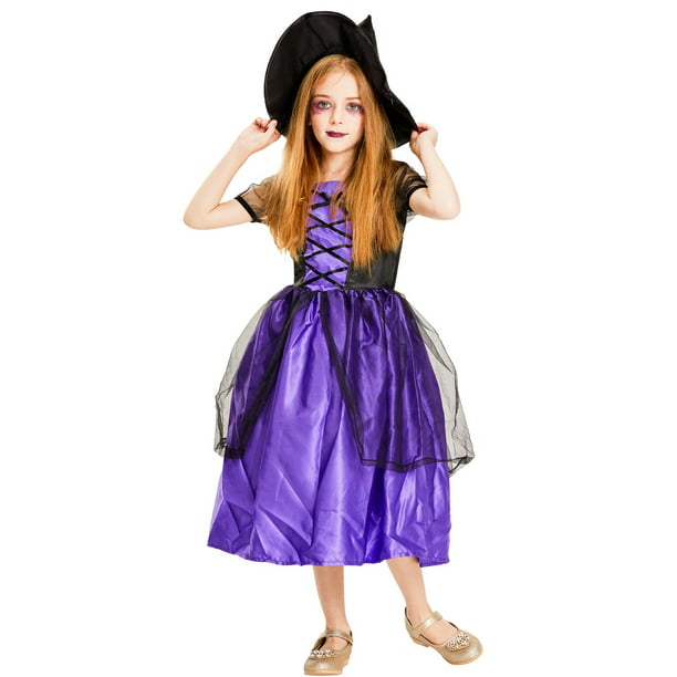 Girls Witch Costume with Hat Purple, Classic Halloween Fancy Dress Up ...