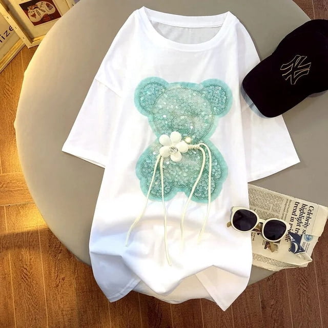Camisetas de moda coreana para mujer, camiseta de manga corta de algodón 100%, ropa de diseñador con lentejuelas de oso, Tops de lujo para mujer, S-4XL