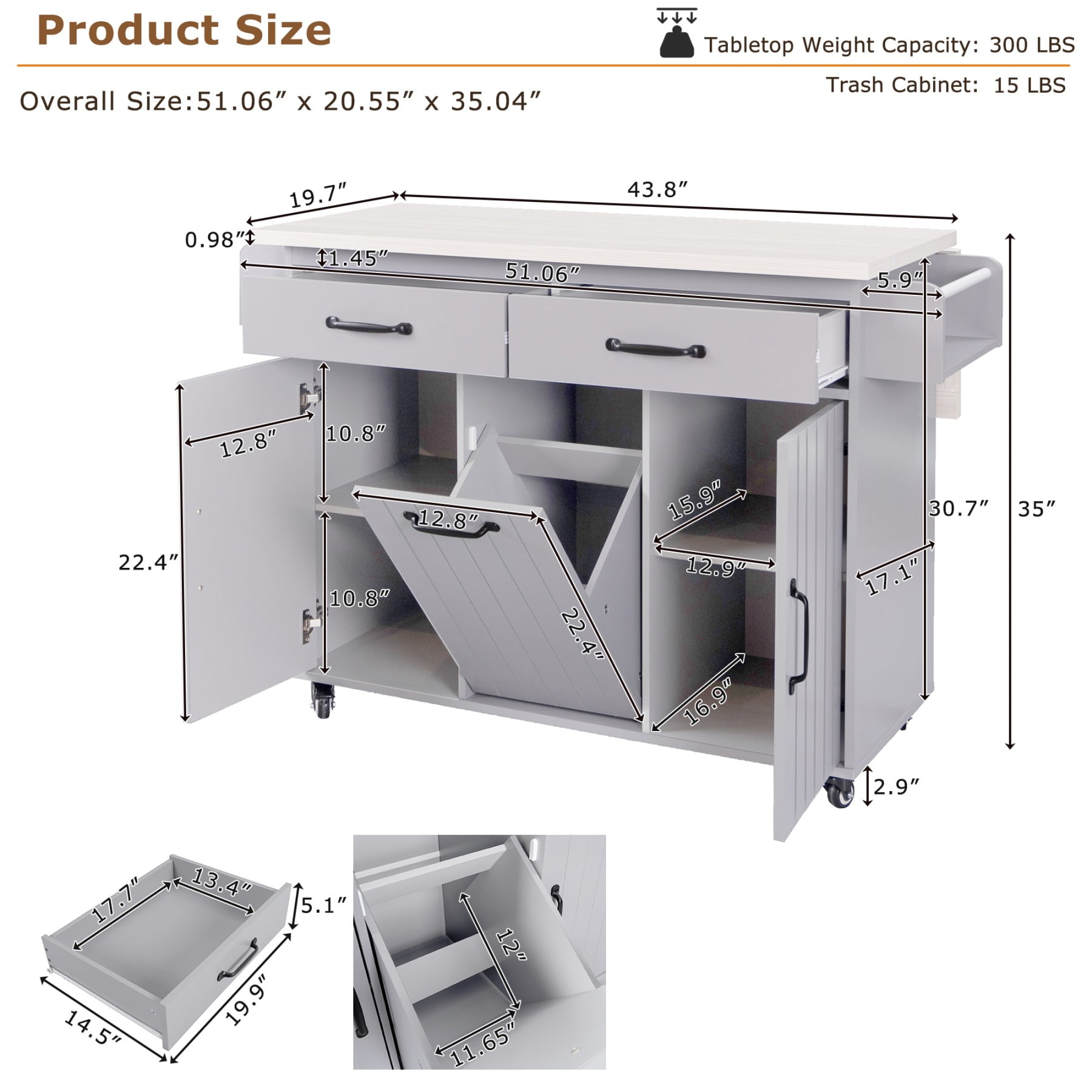 Alvantor Kitchen Island Carts with Trash Can, Rolling Buffet Cabinet with Drop Leaf,Spice Rack and Towel Rack for Dining Room Living Room Grey
