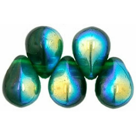 Green Tree Agate Beads - Czech Glass Beads 9mm Teardrop Emerald Green AB (50)