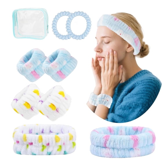 Jimin 9 PCS Spa Headbands for Girls, Soft Microfiber Facial Headband and Wristband Set with Clear Bag and 2 Blue Hair Rings, Fluffy Skincare Makeup Headband for Face Washing, Head Bands for Women