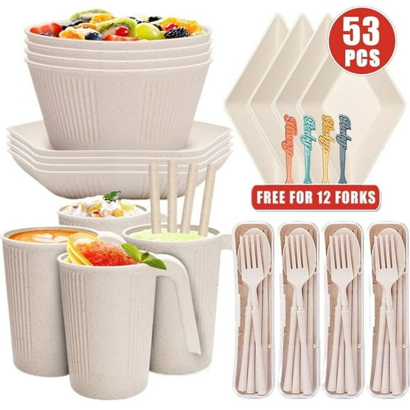 53pcs  Wheat Straw Dinnerware Set, Portable Bowls, Cups, Plates with Sauce Dish and Salad Bowl, Creative Vertical Stripe Camping Tableware