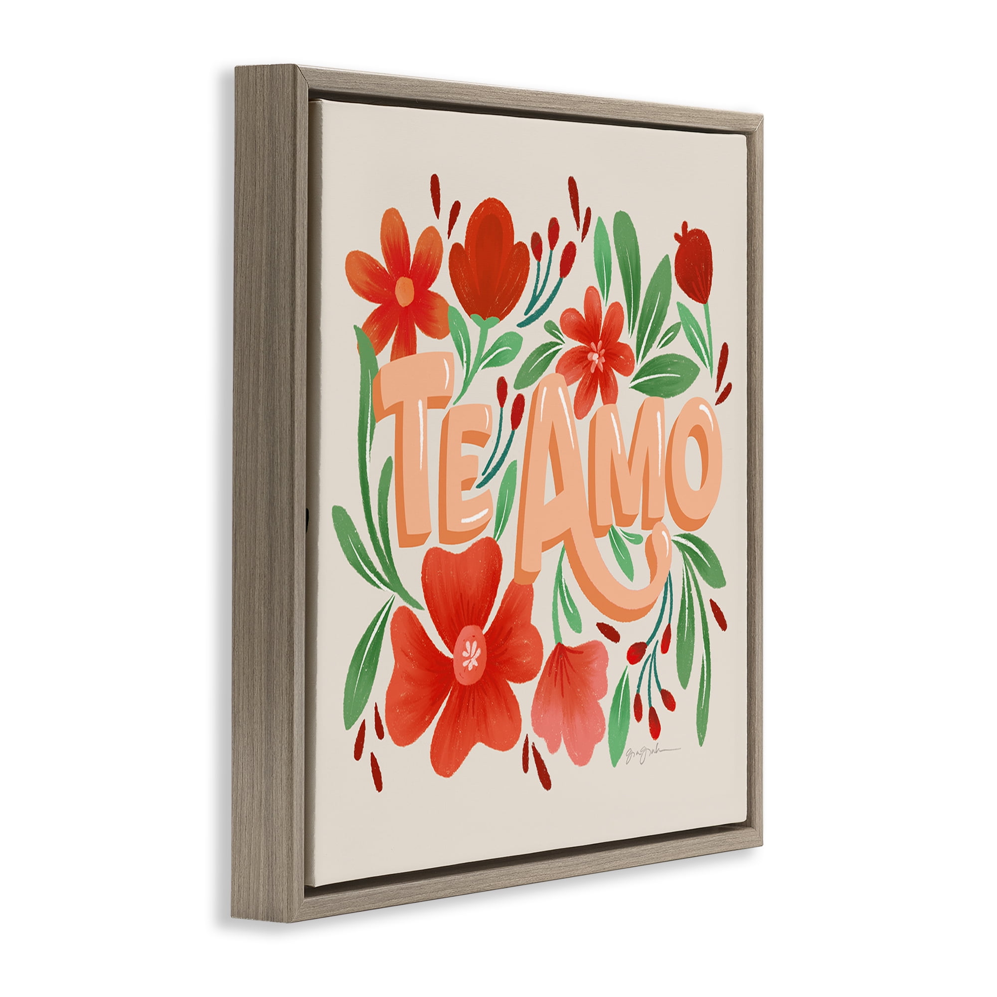 Stupell Industries Te Amo con Flores Rojas Floral & Botanical Painting Brown Floater Framed Art Print Wall Art, 18 x 18