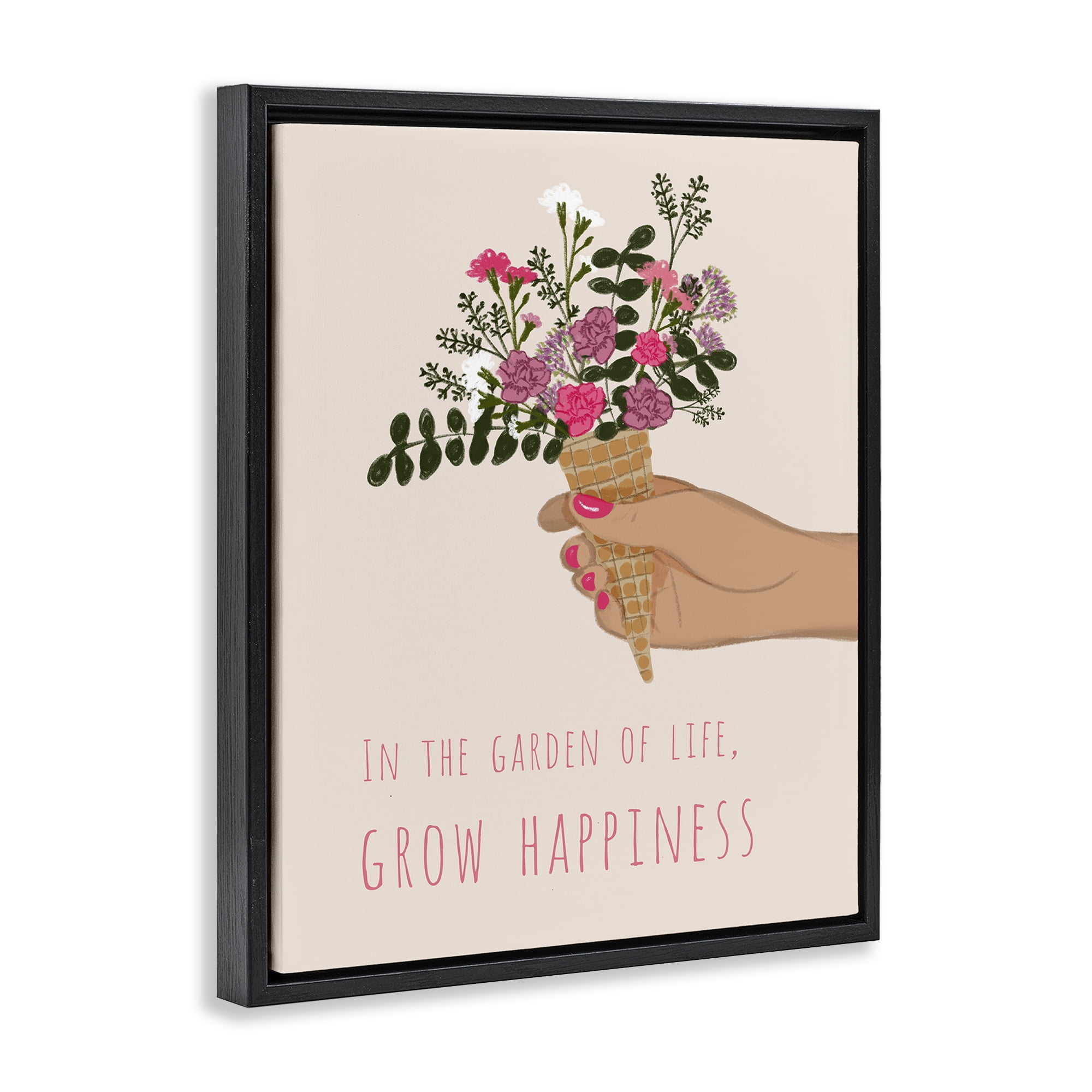 Stupell Industries Grow Happiness with Florals Plants & Flowers Painting Black Floater Framed Canvas Art Print Wall Art, 17 x 21