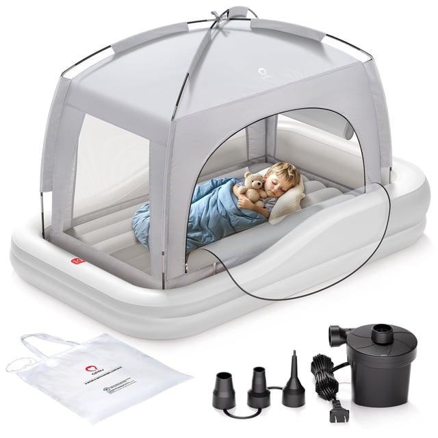 Cama de viaje para niños pequeños QPAU inflable con tienda de campaña y bomba eléctrica