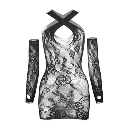 Augper Women Solid Color Lingerie with Sexy Lace Hollow Patterns Suspender Dress with Sleeves Suit