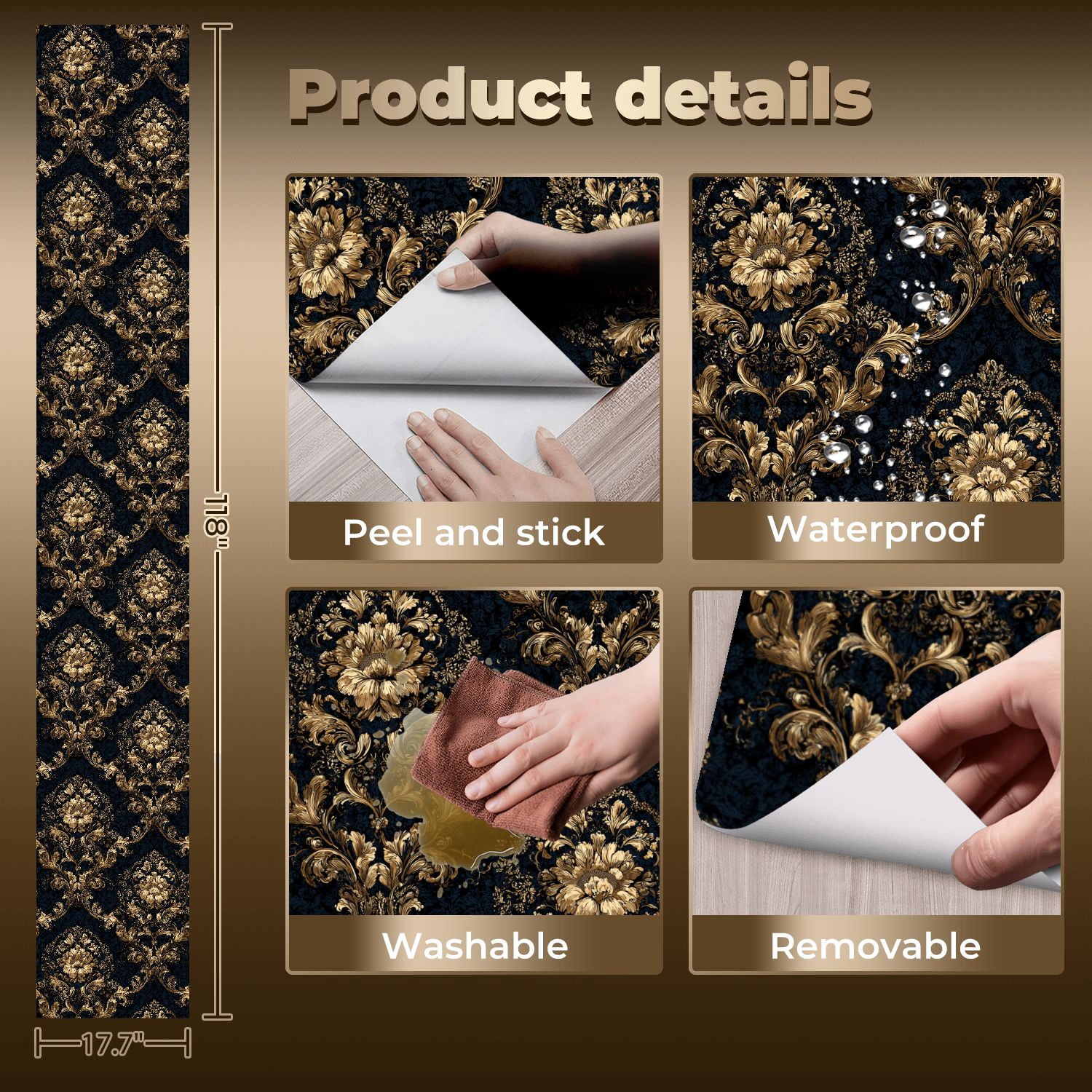 Baroque Peel and Stick Wallpaper Luxurious Navy Damask Rich Baroque Gold Wall Mural 17.7in x 9.8ft Self Adhesive Removable Wall Paper Renter Friendly Wallpaper for Bedroom Livingroom Men
