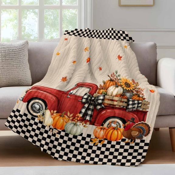 Fall Red Truck Fleece Throw Blanket for Couch, Thanksgiving Black Plaid Botanical Pumpkins Microfiber Flannel Blanket for All Season, Lightweight Soft Throw Blankets for Bedroom, Living Room, 60"x80"