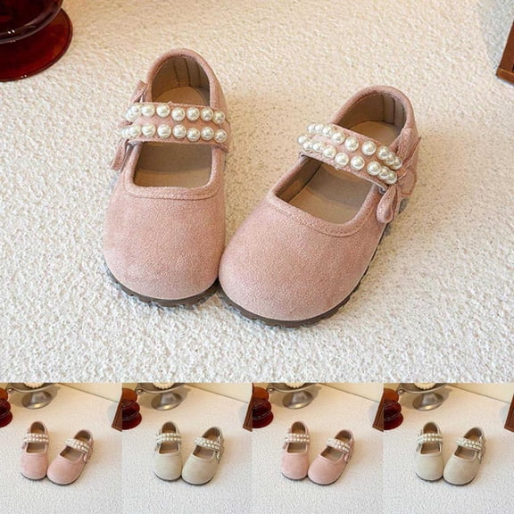 Bxsruta Toddler Girl Shoes Mary Janes Pearl Beaded Flat Dress Shoes for Kids