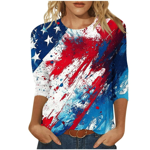 KIHOUT Blouse Imprimée pour Femme Fête de l'Indépendance Manches 3/4 Col Rond Ample Chandail à la Mode Hauts Rouge G