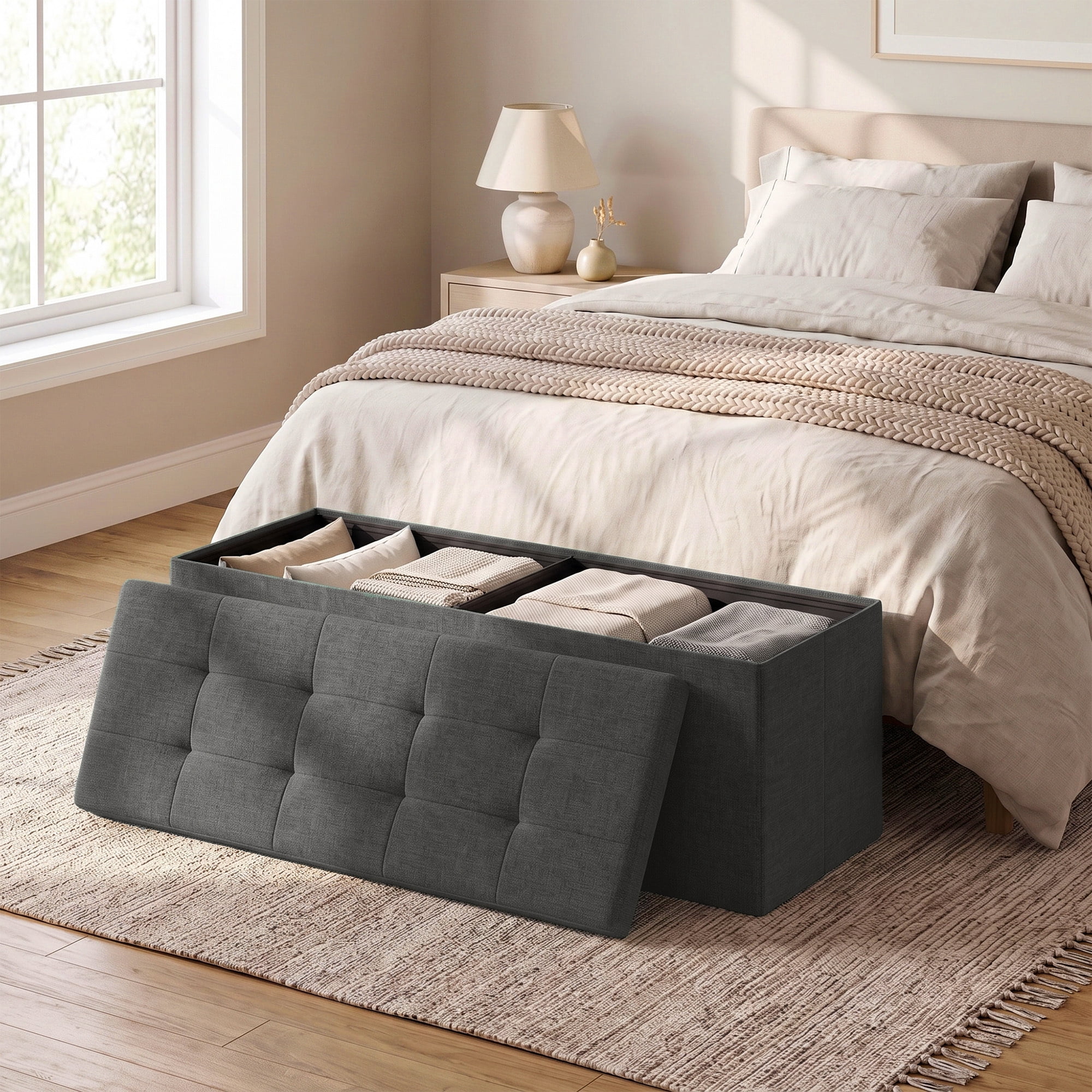Ledrem Dark Gray Foldable Storage Ottoman Bench with 660lb Capacity, Multi-Functional Footrest and Seat