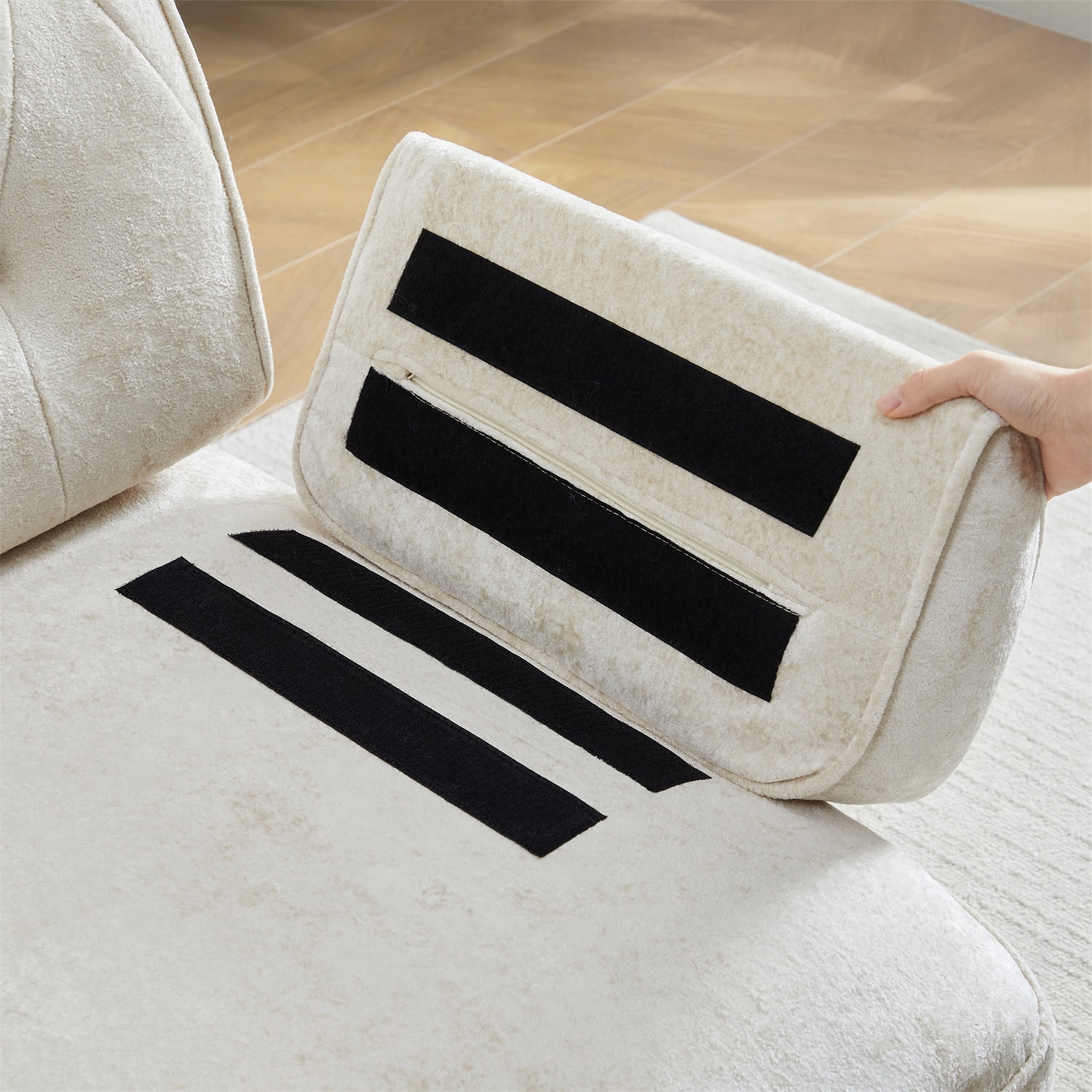 Hommoo Comfort Velvet Fabric Sofa with Right Arm, Button Tufted Design & Floor-grazing TasseL, Beige