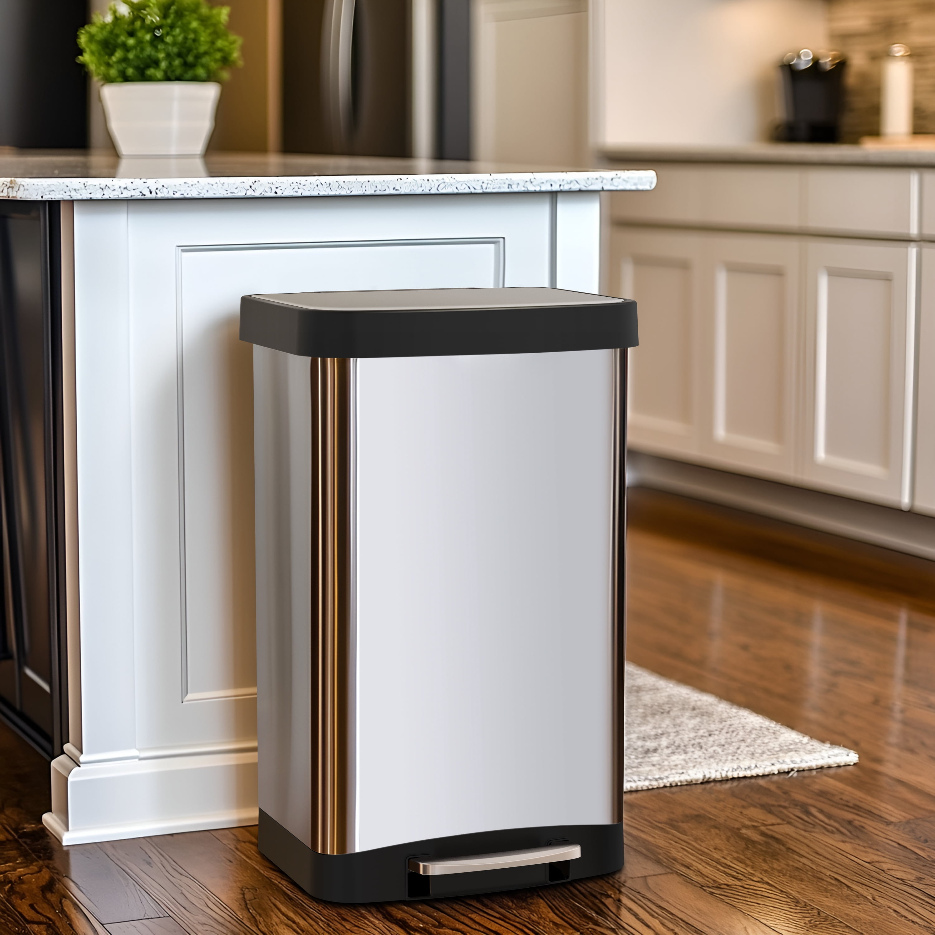 Innovaze 14.5 Gallon Trash Can, Stainless Steel Rectangular Step on Kitchen Garbage Can, Silver
