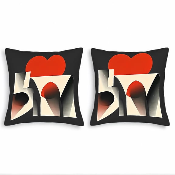 Set of 2 Modern Abstract Throw Pillow Covers 18x18in - Black Background with Red Heart & Geometric Shapes for Couch Bed Car Decor