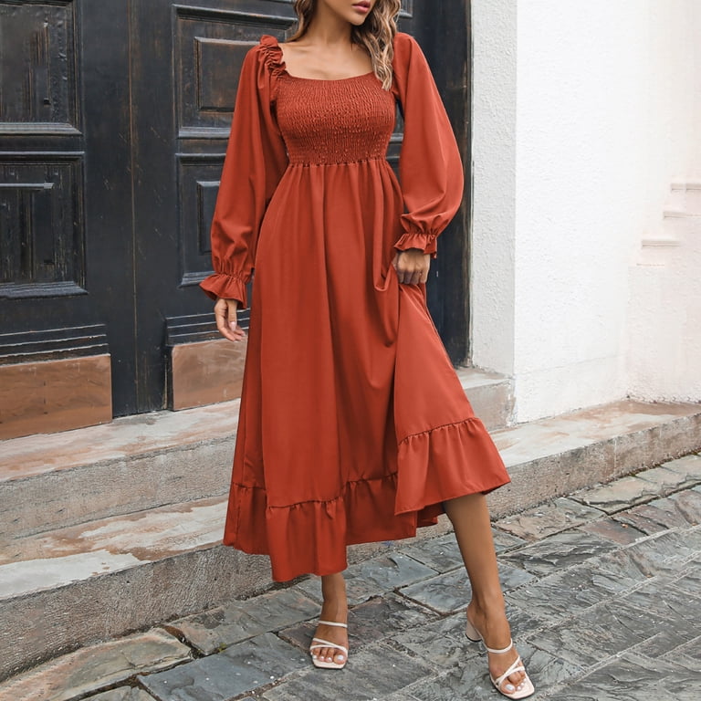 Smihono Women's Boho Square Neck Smocked Long Puff Sleeve A Line Maxi Dress Shirred Bodice A-Line Ruffled Flare Dress Orange XL